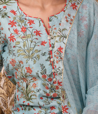 Rimjhim Powder Blue Digital Print With Aari Embroidery Work Straight Kurta With Plazzo And Dupatta