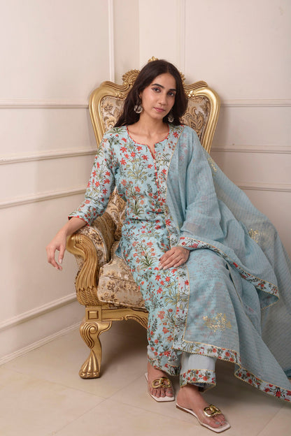 Rimjhim Powder Blue Digital Print With Aari Embroidery Work Straight Kurta With Plazzo And Dupatta