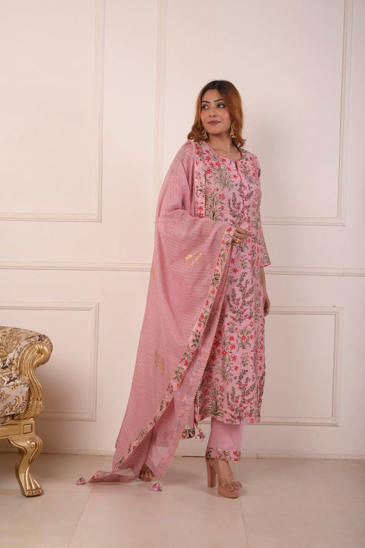 Rimjhim Peach Digital Print With Aari Embroidery Work Straight Kurta With Plazzo And Dupatta
