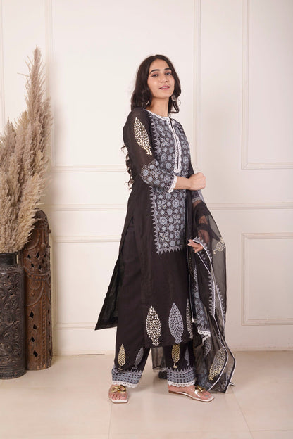 Rimjhim Black With White Lace Work And Foil Block Print Straight Kurta With Plazzo And Dupatta