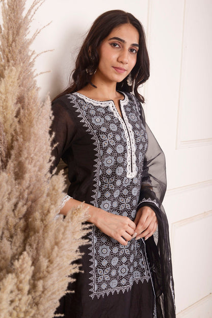 Rimjhim Black With White Lace Work And Foil Block Print Straight Kurta With Plazzo And Dupatta