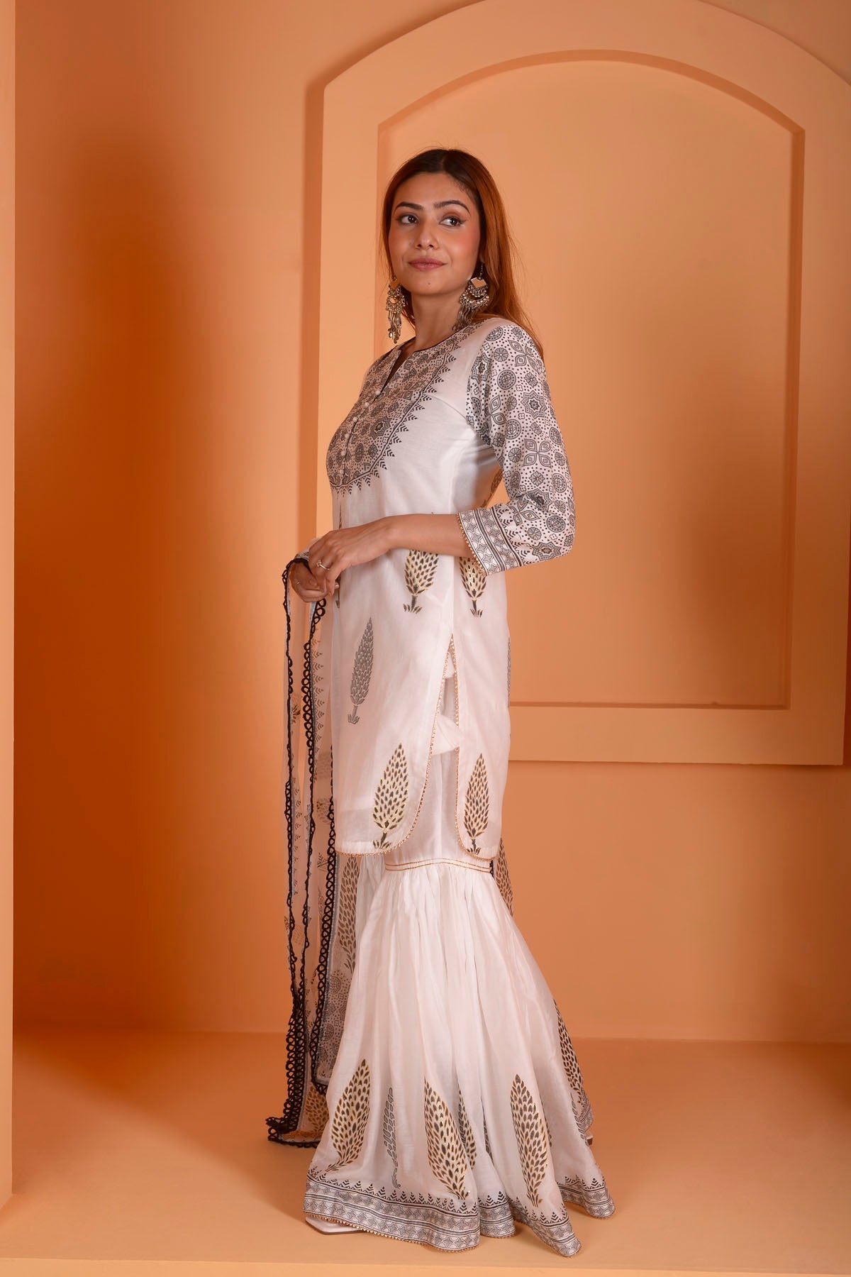 Rimjhim Ivory With Black Lace Work And Foil Block Print Short Kurta With Garara And Dupatta