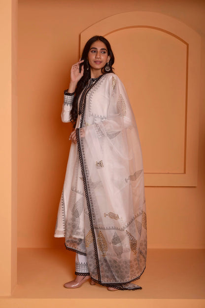 Rimjhim Ivory With Black Lace Work And Foil Block Print Anarkali With Plazzo And Dupatta