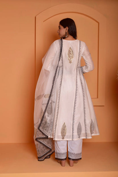 Rimjhim Ivory With Black Lace Work And Foil Block Print Anarkali With Plazzo And Dupatta