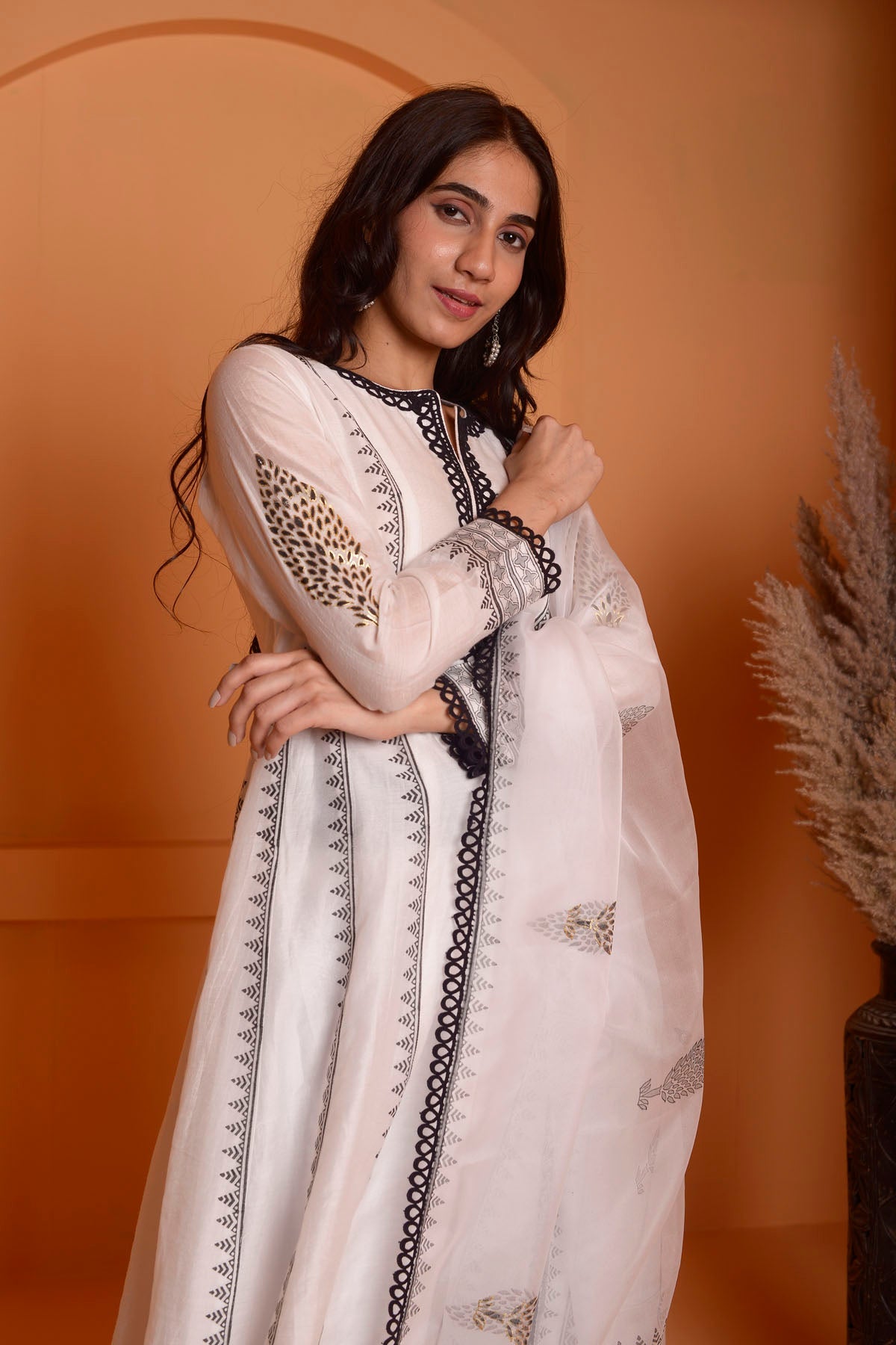 Rimjhim Ivory With Black Lace Work And Foil Block Print Anarkali With Plazzo And Dupatta