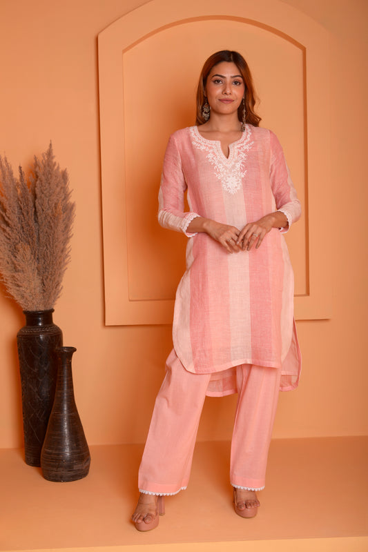 RIMJHIM LINEN CORSET DORI EMBROIDERY KURTA WITH PANT SET OF 2