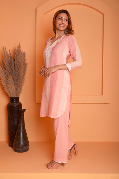 RIMJHIM LINEN CORSET DORI EMBROIDERY KURTA WITH PANT SET OF 2