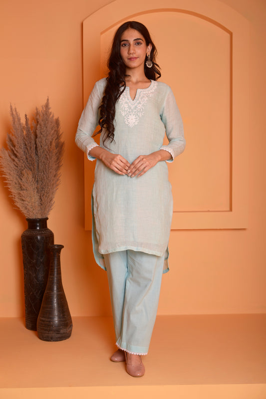 RIMJHIM LINEN CORSET DORI EMBROIDERY KURTA WITH PANT SET OF 2